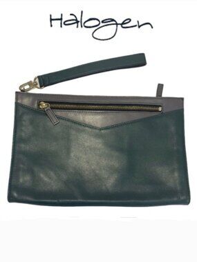 HALOGEN Leather Clutch Dark teal green w/wrist strap Two-Toned Minimalist